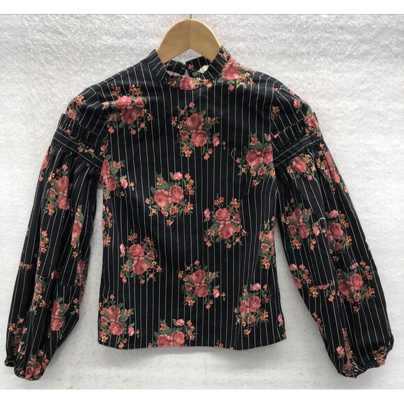 H&M Women’s Blouse Size 2 Black Floral Ruffle Mock Neck Keyhole Closure - Picture 1 of 14